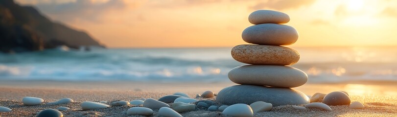 Poster - Zen Stone Stack on Beach at Sunset Serene Calm Peaceful Harmony Nature Meditation Travel Holiday Coast Seascape Wellbeing : Generative AI