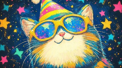  Festive Feline Fun Happy Celebration with Party Hat and Sunglasses in Colorful Starry Sky.