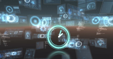 Poster - Neon digital clock ticking against multiple round scanners and data processing on blue background