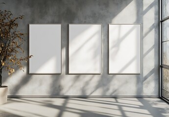 Aufkleber - Modern Interior with Three Blank Frames on Concrete Wall Featuring a Decorative Plant and Natural Sunlight : Generative AI