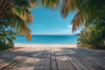 Fototapete - Tropical Paradise Beach Getaway with Azure Sea White Sand Palm Trees and Wooden Deck Vista : Generative AI