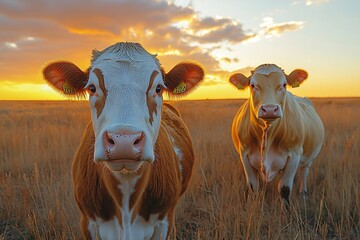 Poster - Cows in Field at Sunset Rural Scene Farm Animals Golden Light Agriculture Livestock Grazing Peaceful Landscape : Generative AI
