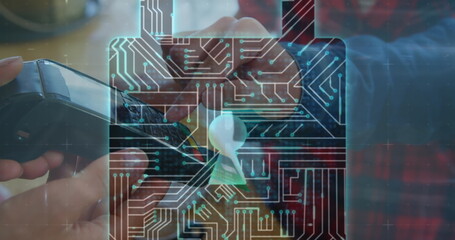 Poster - Image of network security padlock over people using payment terminal
