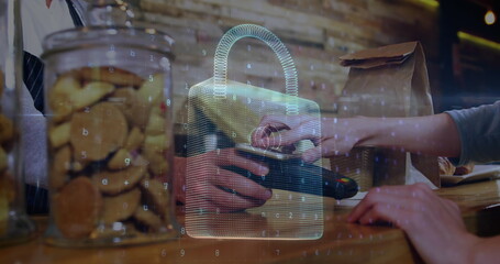 Poster - Image of network security padlock over people using payment terminal