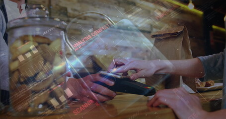 Poster - Image of network security padlock over people using payment terminal
