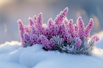 Aufkleber - Pink Heather Blooming in Winter Snow Gentle Sunlight Serene Nature Scene Frosty Flowers Close Up : Generative AI