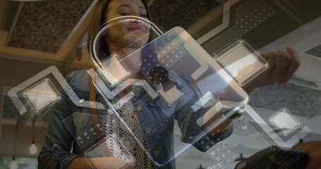 Poster - Image of network security padlock over people using payment terminal