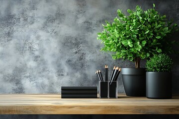 Aufkleber - Modern Workspace Minimalist Desk with Green Plants Black Books Pencils and Textured Gray Background for Productivity : Generative AI