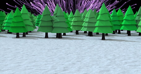 Poster - Multiple trees icons on winter landscape over purple light trails bursting against blue background