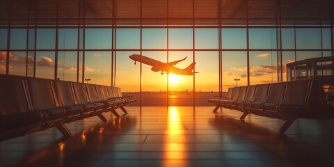 Poster - Airport Terminal at Sunset with Airplane Taking Off Reflective Floor and Empty Seats Waiting : Generative AI