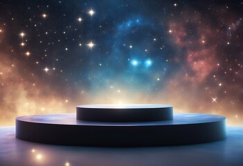Wall Mural - magic nebula scene podium pedestal 3d black empty space galaxy realistic blue star cosmos shining ni