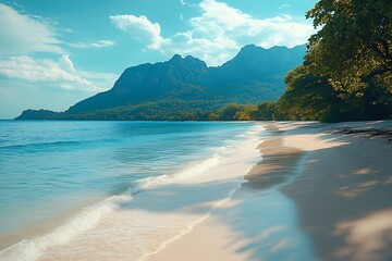Poster - Tropical Beach Paradise with Turquoise Water White Sand and Lush Green Mountains for Relaxing Vacation Getaway : Generative AI