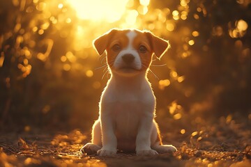 Aufkleber - Adorable Jack Russell Puppy Sitting in Golden Sunlight Cute Dog Portrait with Bokeh Background Warm Tone : Generative AI