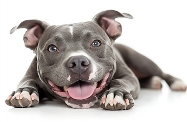 Poster - Adorable Blue Nose Pitbull Puppy Lying Down Smiling Cute Pet Dog Portrait on White Background Studio Shot High Quality Photo : Generative AI