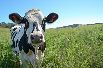 Poster - Close Up Portrait of Dairy Cow Grazing in Green Pasture Farm Animal Livestock Rural Scene Agriculture Farming Countryside : Generative AI
