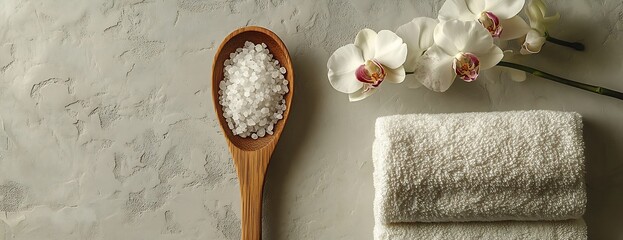 Aufkleber - Elegant Spa Setting with Sea Salt Relaxing Towels and Beautiful Orchid Flowers : Generative AI
