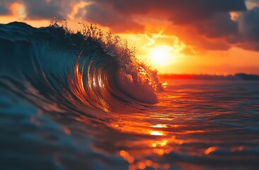 Fototapete - Fiery Ocean Wave Crashing at Sunset Dramatic Sky and Water Reflections Nature Photography at Dusk : Generative AI