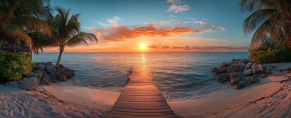 Aufkleber - Tropical Beach Sunset Paradise with Wooden Pier and Palm Trees Serene Ocean View Golden Hour Light for Vacation and Travel : Generative AI