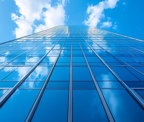 Aufkleber - Modern Glass Skyscraper Reaching Towards a Bright Blue Sky with White Clouds Reflecting Sunlight and Urban Architecture : Generative AI