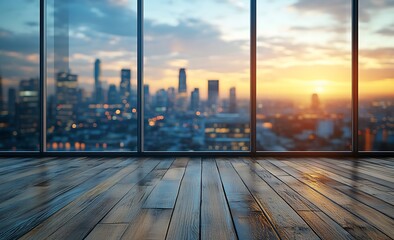 Poster - Cityscape View Through Office Window Sunset Lights Over City Skyline and Modern Wooden Floor in Elegant Office Space : Generative AI