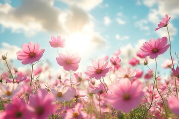 Poster - Dreamy Cosmos Flowers in Field Bathed in Sunlight with Blue Sky Perfect for Spring and Summer Themed Designs : Generative AI