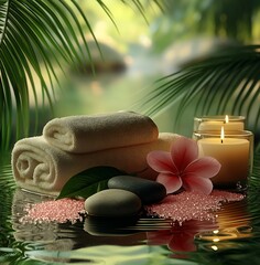 Poster - Relaxing Spa Scene with Towels Candles and Natural Elements Creating a Tranquil Atmosphere : Generative AI