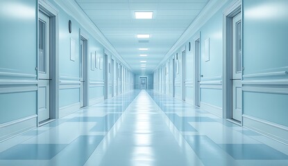 Poster - Hospital Hallway Long Perspective Endless Clean Bright Interior with Empty Rooms and Doors for Medical or Health Themes : Generative AI
