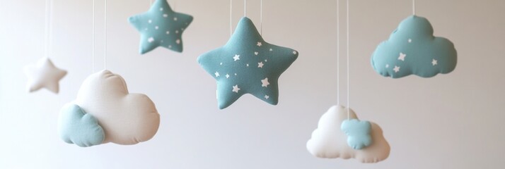 Fototapete - Delicate stars and clouds hanging from invisible strings for soft nursery decor