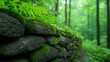 © MAY - Textured Moss covered stone wall in a lush forest, blending rugged rock with soft, green plant life.
