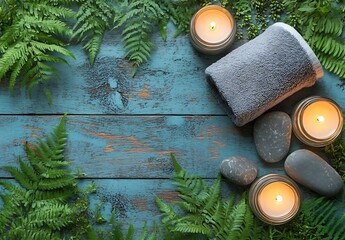 Poster - Spa Day Retreat Soothing Candles Soft Towel and Natural Ferns on a Rustic Wood Surface for Relaxation and Wellness : Generative AI