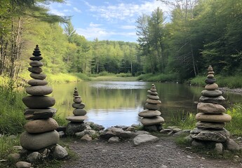 Poster - Scenic Stone Stacking Art by a Calm River in a Lush Forest Perfect for Mindfulness and Meditation : Generative AI