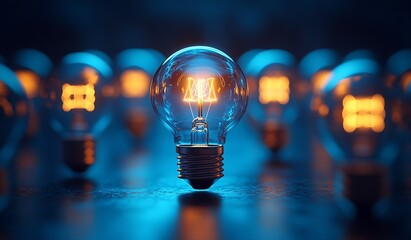 Aufkleber - Glowing Light Bulbs Concept Photo Abstract Blue and Gold Lighting for Innovation and Creative Thinking : Generative AI