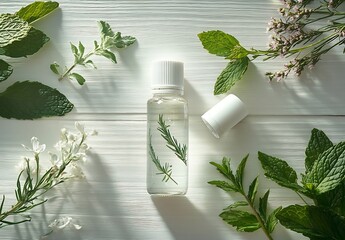 Poster - Natural Beauty Product Still Life Featuring Essential Oil Bottle with Plant Extracts on White Wood Background : Generative AI