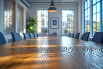 Leinwandbilder - Modern Conference Room with Long Wooden Table and Natural Light Streaming Through Windows for Business Meetings : Generative AI