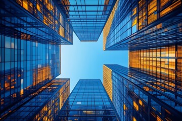 Aufkleber - Modern Glass Skyscrapers Worms Eye View Clear Blue Sky Contemporary Architecture Urban Skyline Office Buildings : Generative AI