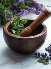 Aufkleber - Natural herbal ingredients arranged in a wooden bowl with a rustic mortar for organic beauty care : Generative AI