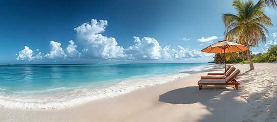 Poster - Idyllic Beach Paradise with Turquoise Water White Sand and Lounge Chairs under Sunny Blue Sky Vacation Getaway : Generative AI