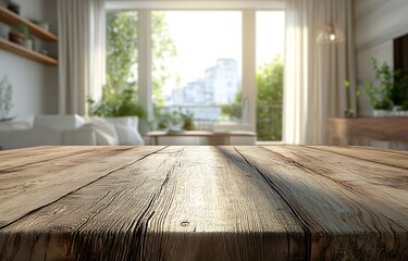 Aufkleber - Rustic Wood Table Top with Bright Modern Living Room Interior Background Perfect for Product Mockups and Family Gathering Concept : Generative AI