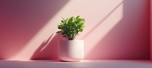 Aufkleber - Minimalist Potted Plant in White Pot Against a Pink Wall Casting Soft Shadows for Home Decor : Generative AI