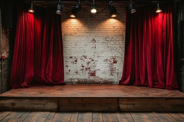 Poster - Vintage Theater Stage with Red Curtains and Brick Wall Classic Performance Venue Dramatic Lighting Empty Space for Presentation or Show : Generative AI