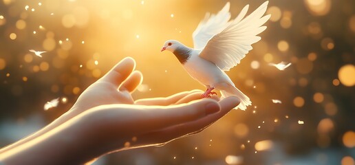 Poster - A pigeon takes off from open hands surrounded by a warm golden light : Generative AI