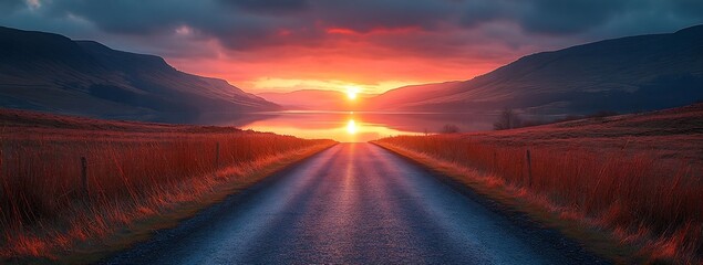 Aufkleber - Dramatic Sunset Over Tranquil Lake Reflecting Twilight Colors with a Road Leading to the Horizon : Generative AI