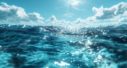 Poster - Lively ocean view capturing sunlight glimmers dancing on water waves under a serene blue sky : Generative AI