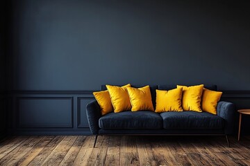 Aufkleber - Elegant Navy Blue Living Room Interior with Gold Pillows on Sofa and Hardwood Floors. Modern Minimalist Home Decor.  : Generative AI