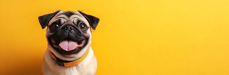 Poster - Cheerful pug dog with a big smile against a bright yellow background radiating happiness and joy : Generative AI