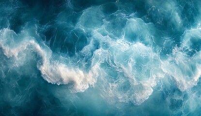 Poster - Aerial View of Ocean Waves Crashing in Turquoise Waters Natural Beauty Background Top Down Shot : Generative AI
