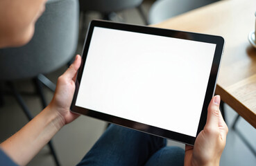 Poster - Woman holds digital tablet with white blank screen in cafe. Mockup device for app, web site presentation. Lady uses gadget at table with cup of coffee near chair.