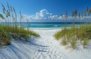 Aufkleber - Serene Beach Paradise with White Sand Dunes and Turquoise Water Scenic Coastal Landscape Tranquil Holiday Destination : Generative AI