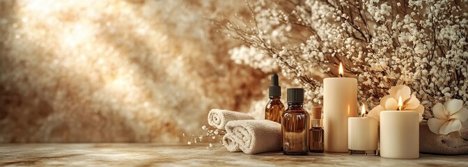 Poster - Serene Spa Still Life with Candles Essential Oils and Rolled Towels for Relaxation and Wellness Ambience : Generative AI