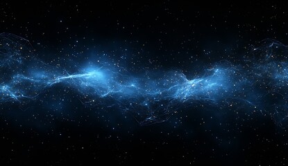Poster - Glowing strands of cosmic light forming intricate patterns against a backdrop of the starfilled universe in deep blue tones : Generative AI